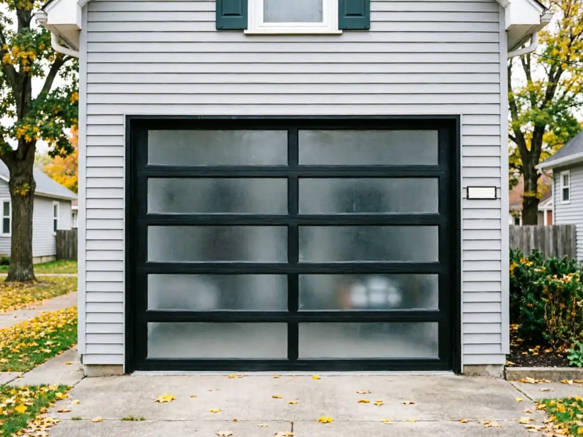 The garage door is black with frosted glass panels on a gray house.