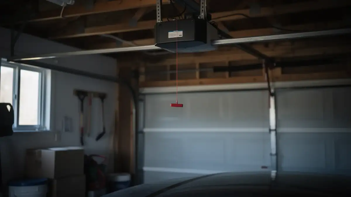 A garage door opener with a red emergency release cord hangs above a closed garage door.
