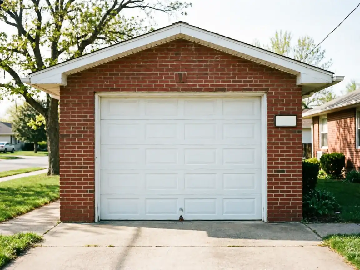 The white garage door is closed on a red brick garage.